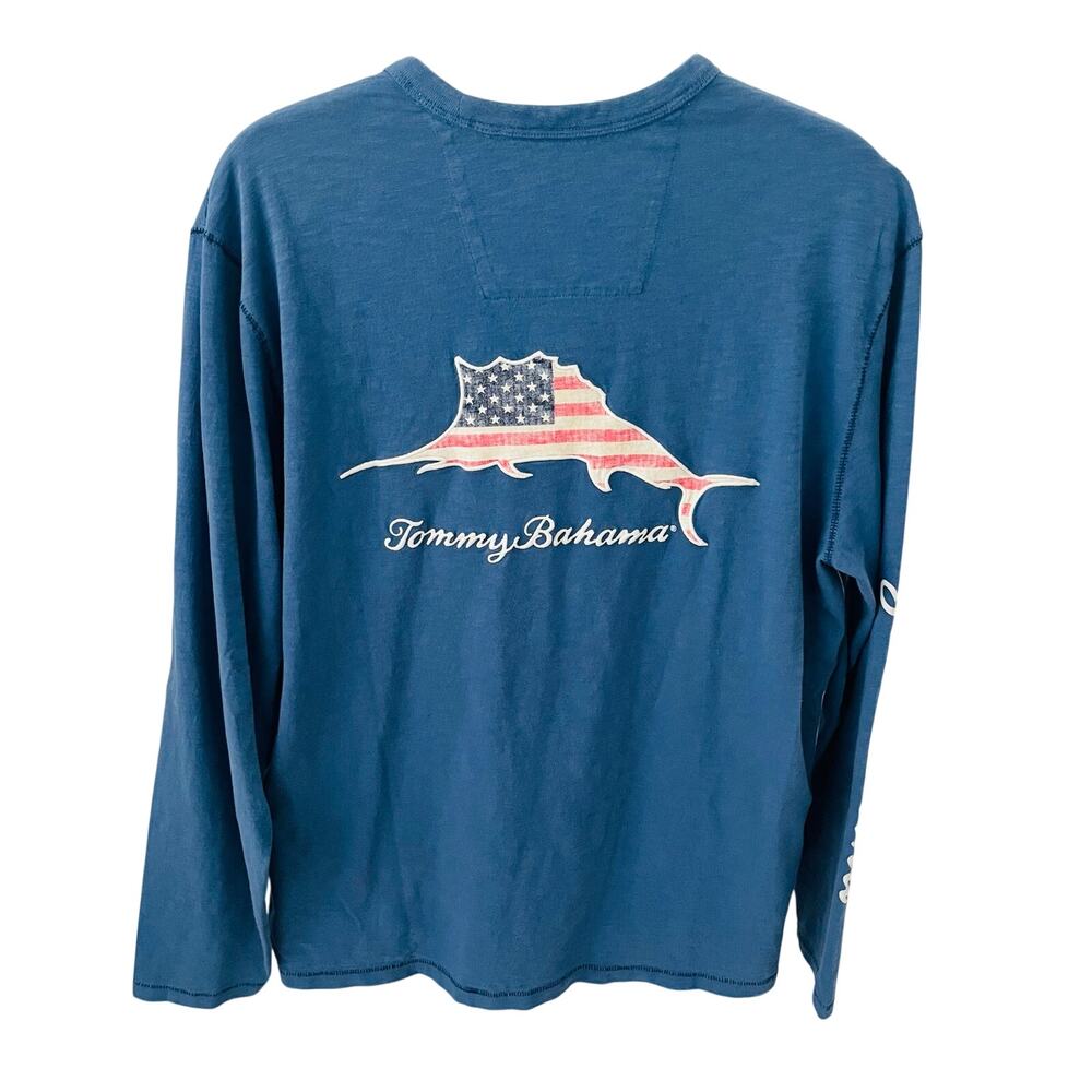 Tommy Bahama Men M Patriotic Marlin US Flag Long Sleeve Tee Dockside Blue